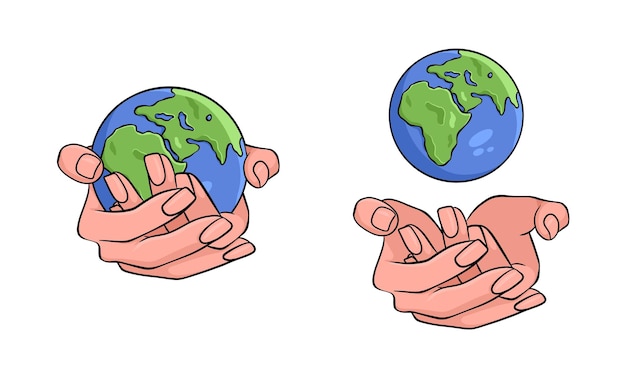 Manos apoyan el planeta tierra Concepto de paz mundial Día internacional de la paz Dibujado a mano