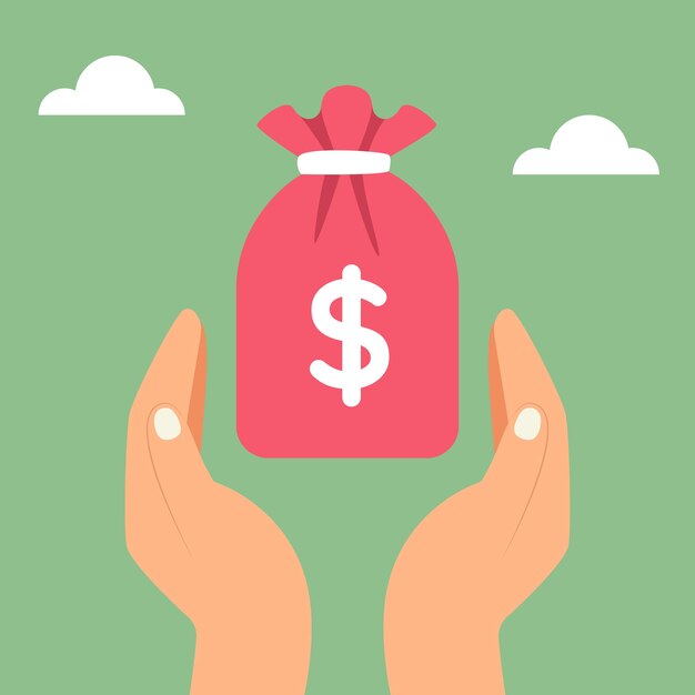 Las manos arriba con la bolsa de dinero con el símbolo del dólar Ahorrar dinero concepto Ilustración vectorial