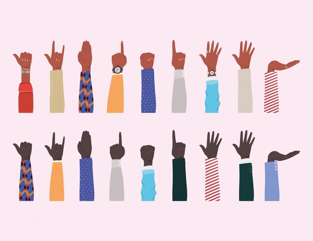 Manos arriba de diferentes tipos de diseño de pieles, diversidad de personas, raza multiétnica y tema comunitario.
