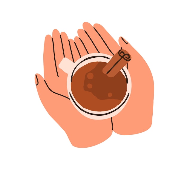 Manos con bebida caliente condimentada con palitos de canela en una taza sosteniendo una taza con bebida de temporada aromática de vacaciones cacao chocolate caliente Ilustración vectorial plana aislada sobre fondo blanco