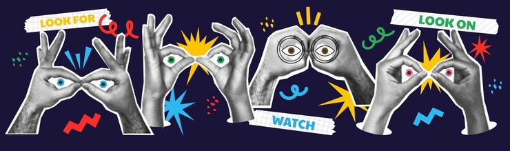 Vector manos binoculares formas de collage de arte ojos miran hacia adelante a través de los dedos concepto web para negocios marketing navegación web búsqueda gesto de la mano conjunto vectorial