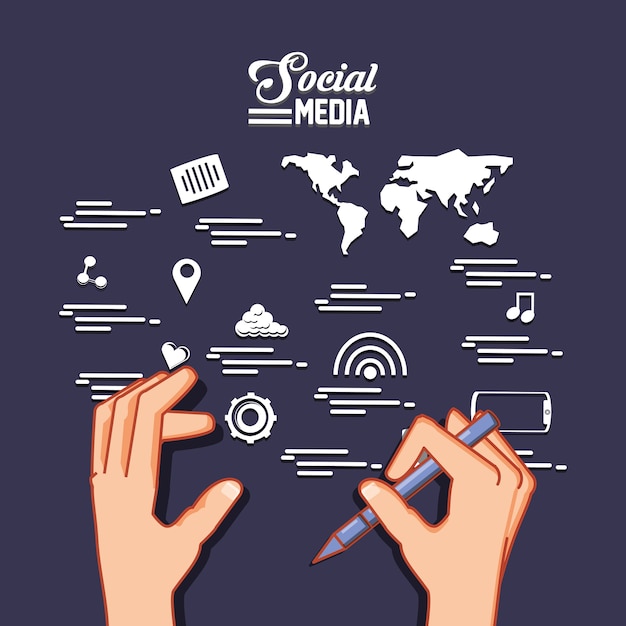 manos con bolígrafo y los iconos relacionados con las redes sociales