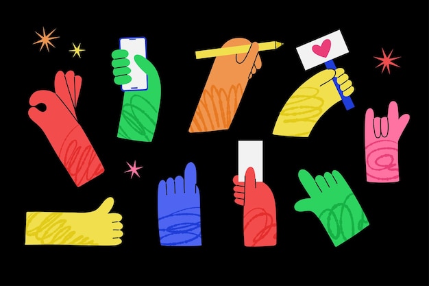 Vector manos los brazos coloridos de dibujos animados muestran diferentes gestos, signos, sostienen la tarjeta de lápiz y el teléfono inteligente apuntando y pulgares hacia arriba, estilo moderno, garabato vectorial aislado en un conjunto negro