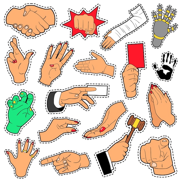 Manos y brazos con diferentes signos para álbumes de recortes, estampados y pegatinas. Vector, garabato