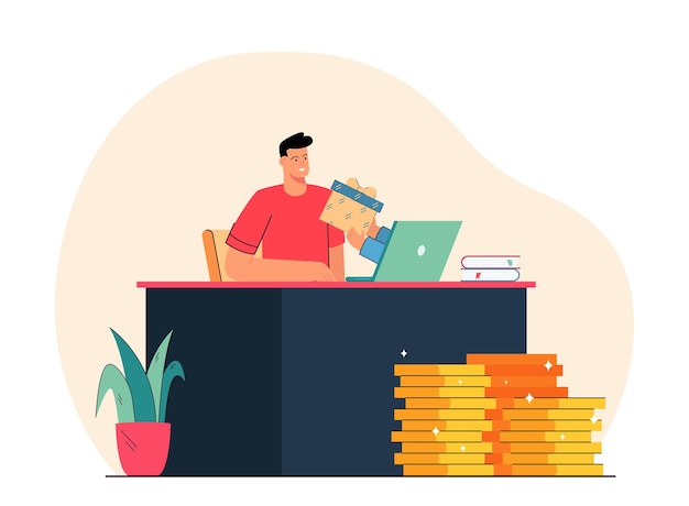 Manos con caja de regalo que se extiende al hombre sentado frente a la computadora portátil. Oferta especial o ilustración plana del programa de fidelización.