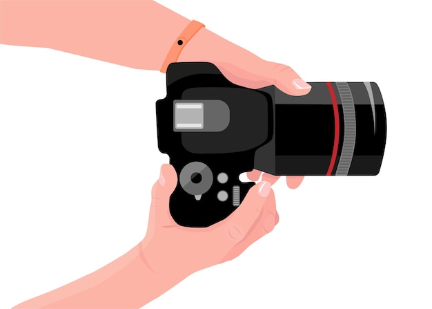 Vector manos con cámara de fotos vista en primera persona copie el espacio para sus propias imágenes cámara de fotos digital