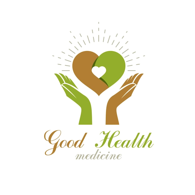 Manos cariñosas sosteniendo el corazón. Concepto de medicina alternativa, logotipo de fitoterapia vectorial. Un corazón fuerte es buena salud.