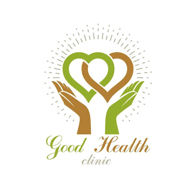 Manos cariñosas sosteniendo el corazón. Concepto de medicina alternativa, logotipo de fitoterapia vectorial. Un corazón fuerte es buena salud.
