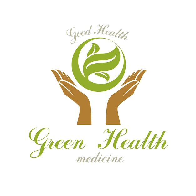 Manos cariñosas sosteniendo hojas verdes de primavera. Logotipo abstracto de rehabilitación médica.