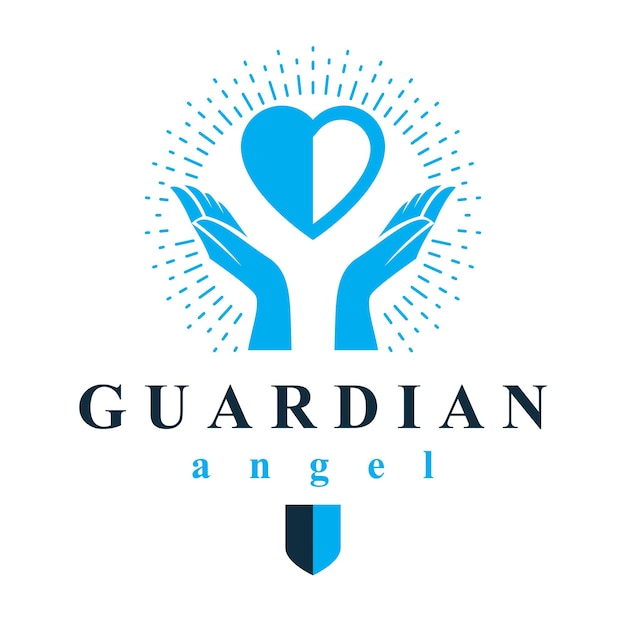 Las manos cariñosas sostienen el corazón como el concepto de amor y trato. Emblema conceptual del vector del ángel guardián.