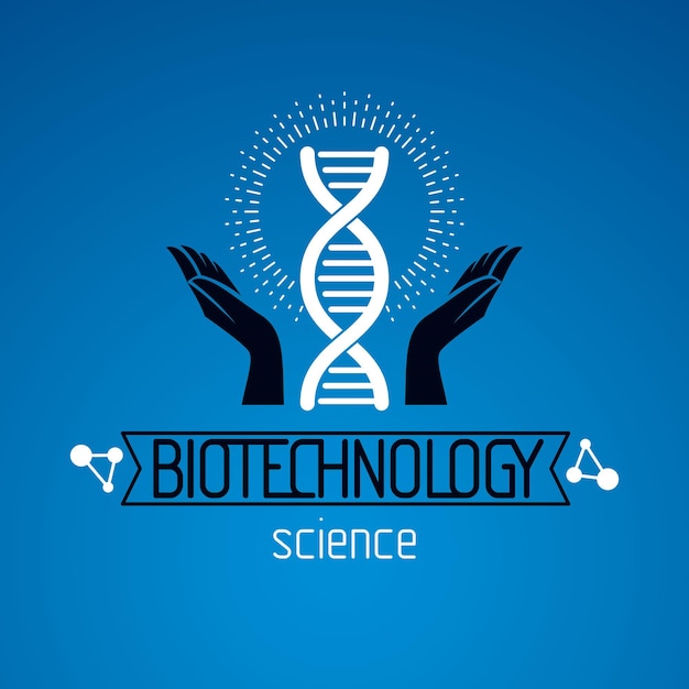 Manos cariñosas sostienen un modelo de ADN humano. La bioingeniería como la dirección de la genética, el símbolo científico vectorial abstracto mejor para su uso en la educación, la ciencia y la investigación de la evolución de la humanidad.
