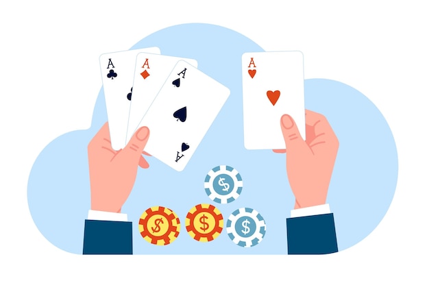 Manos con cartas de juego y fichas de casino Poker y blackjack juegos de fortuna arriesgados Armas con ases y dados Jugador haciendo apuestas Club de entretenimiento Vegas juego concepto vectorial