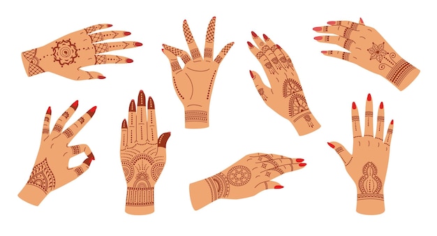 Manos de ceremonia mehndi mano de mujer elegante con patrones indios tatuaje de henna gestos de mano con adornos florales conjunto de ilustración vectorial