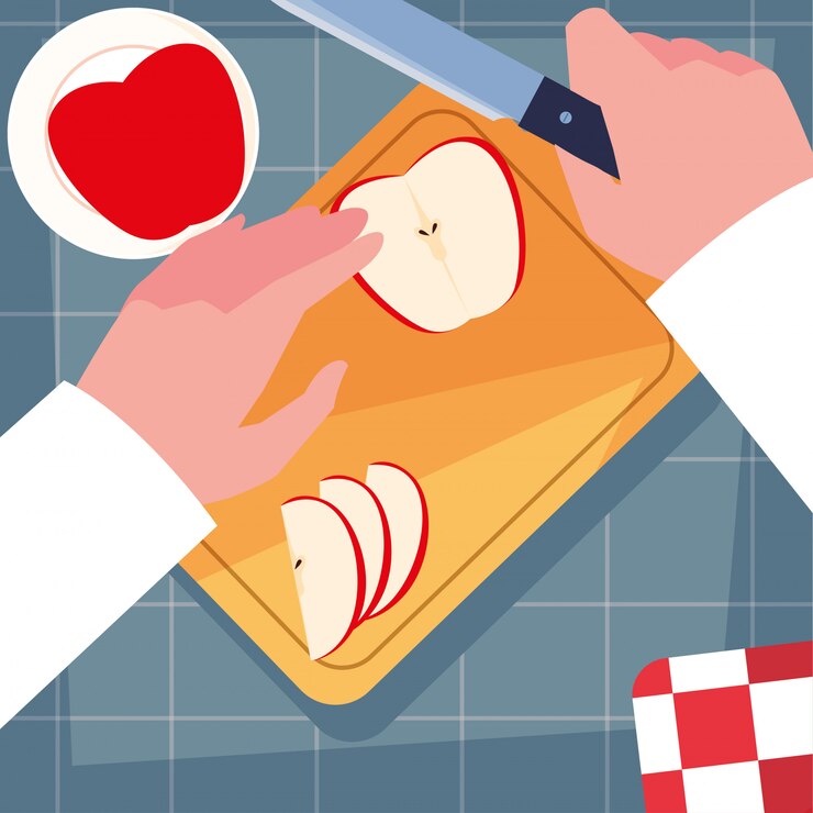 Vector manos del chef con cuchillo y tabla de cocina