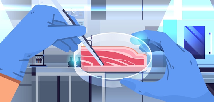 Vector manos científicas sosteniendo carne cruda roja cultivada hecha de células animales concepto de producción de carne cultivada en laboratorio artificial ilustración vectorial horizontal