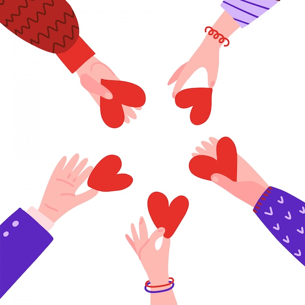 Manos en círculo con corazones.