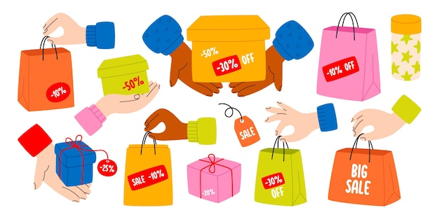 Manos de clientes sosteniendo bolsas de compras cajas de cartón con ofertas especiales de descuento al por menor