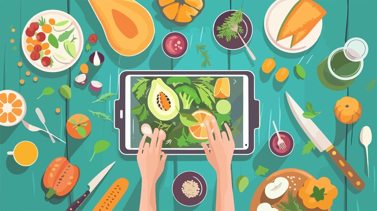 Vector las manos cocinando con recetas de internet en video tutorial