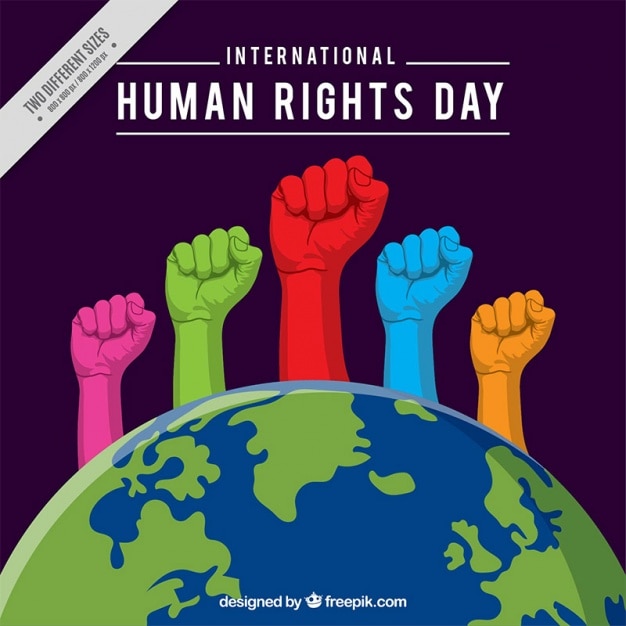 Vector manos de colores saliendo del mundo, día de los derechos humanos