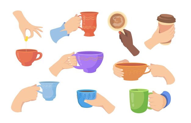 Manos coloridas sosteniendo bebidas calientes en diferentes tazas conjunto de ilustración plana