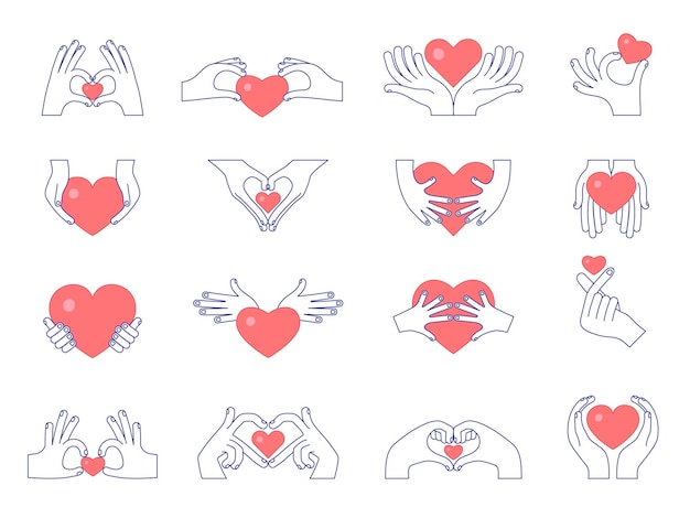 Manos con corazones Símbolos conceptuales de donación felicidad amistad y amor imágenes conjunto de vectores recientes de caridad esperanza ilustración de San Valentín