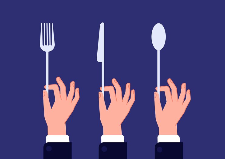 Vector manos con cubiertos mano sostenga cuchara tenedor cuchillo camarero manos sosteniendo utensilios de cocina catering en restaurante o caballero en la cena concepto de vector completo