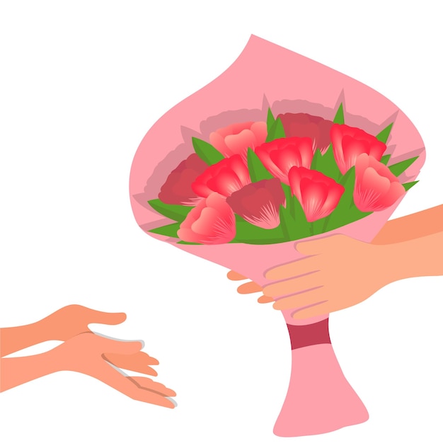 Vector manos dan flores a otras manos vector ilustración color dibujos animados eps 10 ramo de flores tulipanes aislado sobre un fondo blanco concepto felicitación regalo entrega romance
