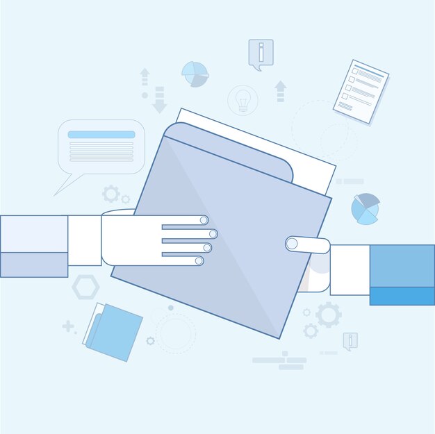 Las manos dan papeles de documento de carpeta, los hombres de negocios comparten la ilustración de vector de datos de información