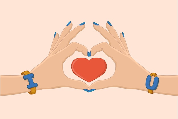 las manos con los dedos muestran un corazón, un corazón con amor en el medio, una señal de amor, una tarjeta con amor