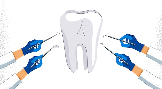Manos de dentista con herramientas médicas que prueban la ilustración, el diagnóstico y la curación del vector dental, el médico examina los dientes.
