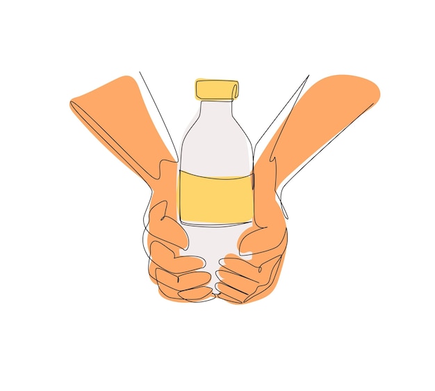 Las manos de dibujo de una sola línea sostienen botellas de vidrio de vector de leche libre de lactosa a base de plantas.