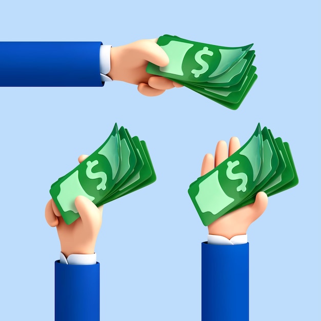 Las manos de dibujos animados en 3D sostienen billetes de dólares Concepto de operación financiera Pago y devolución de dinero Inversión de dinero y comercio de negocios Vector Ilustración 3d