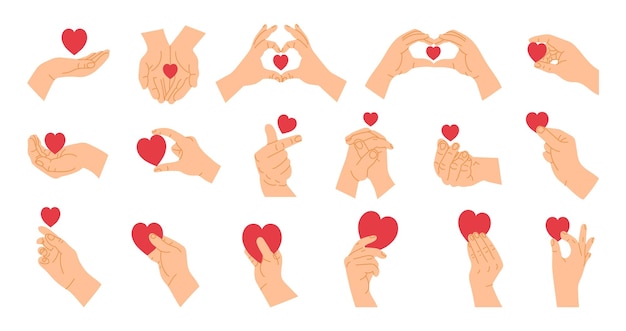 Manos de dibujos animados con corazón Corazón rojo en gesto de manos de expresión posa mostrando y sosteniendo forma de amor Concepto de diseño romántico con palma y dedos para el conjunto de vectores del Día de San Valentín Amada pareja