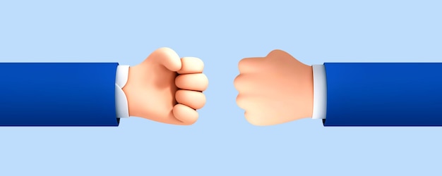 Manos de dibujos animados del hombre de negocios haciendo golpe de puño aislado sobre fondo azul Vector 3d ilustración
