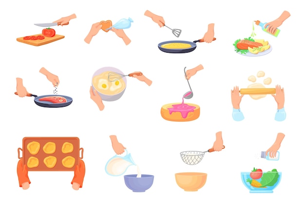 Manos de dibujos animados preparar comida Espátula de cocina manual para el proceso de cocción espolvorear sal para picar en ensaladera cortar cuchillo cucharón mermelada preparar masa hornear accesorios vector ilustración