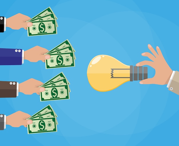 Manos con dinero y bombilla de idea. Recaudación de fondos.