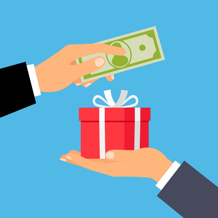 Vector manos con dinero y caja de regalo.