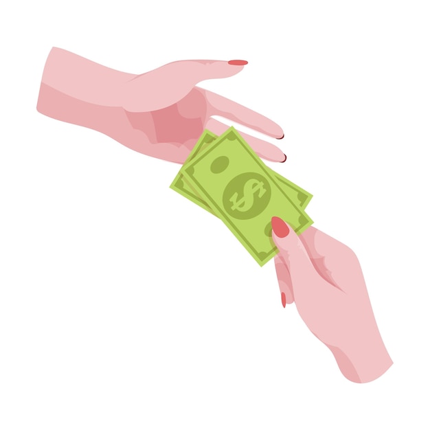 Manos con dinero Contar dar dar recibir apretar y mostrar dinero Pago de bienes Operaciones bancarias de caridad con efectivo Ilustración vectorial