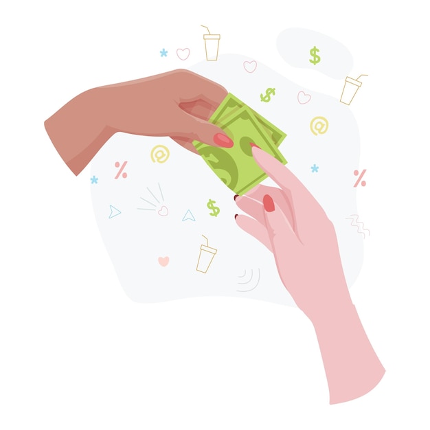 Manos con dinero Contar dar dar recibir apretar y mostrar dinero Pago de bienes Operaciones bancarias de caridad con efectivo Ilustración vectorial