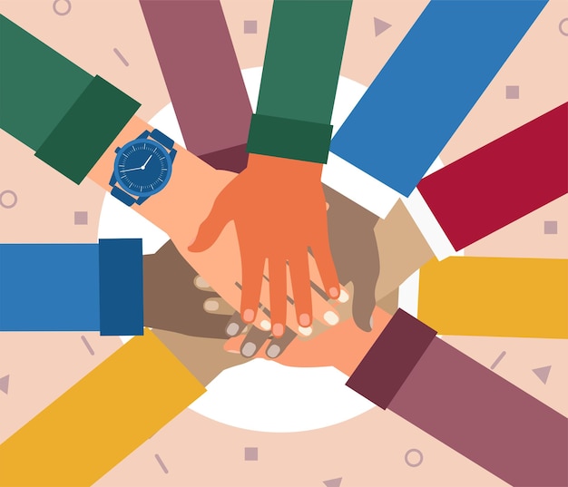 Manos de diverso grupo de personas juntando. Concepto de cooperación, unidad, convivencia, asociación, acuerdo, trabajo en equipo, comunidad social o movimiento. Estilo plano. Ilustración vectorial.