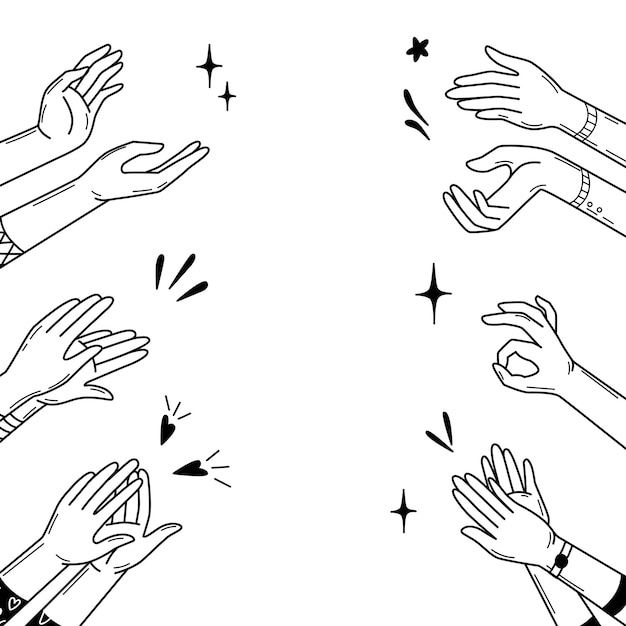 Las manos de Doodle aplauden a los fanáticos o a la audiencia aplaudiendo Abstracto feliz apoyo victoria o fondo vectorial ganador