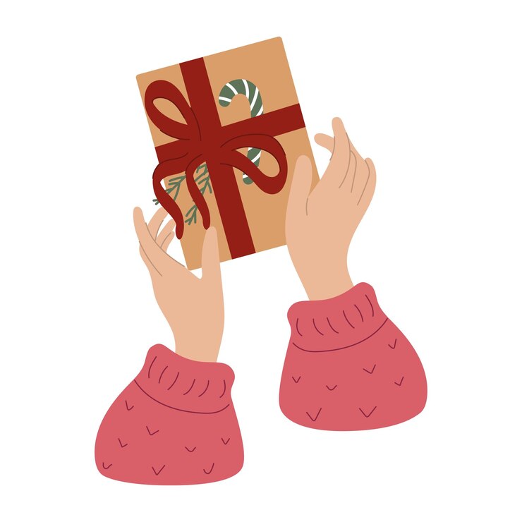 Vector las manos empacando un regalo de vacaciones regalo en las manos envolviendo una caja de regalos de navidad navidad