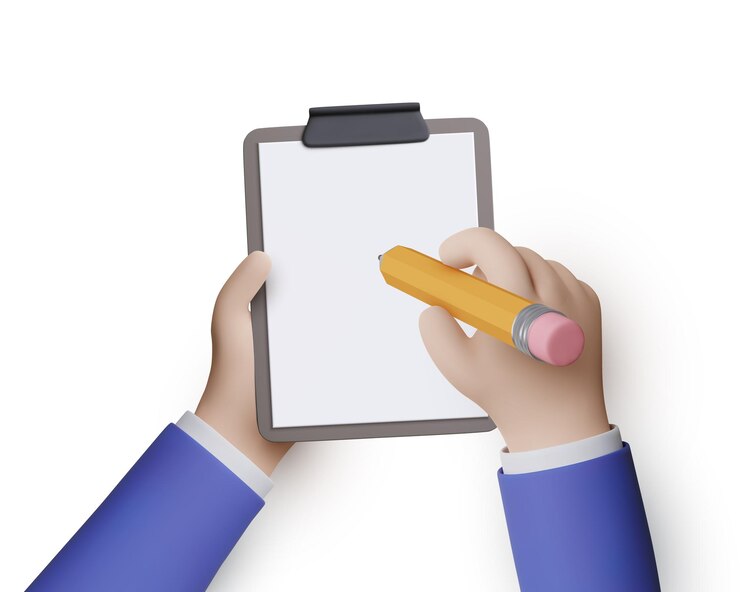 Vector las manos del empresario sostienen un lápiz y anotan los objetivos a alcanzar en un cuaderno o haciendo una lista de tareas pendientes. ilustración vectorial