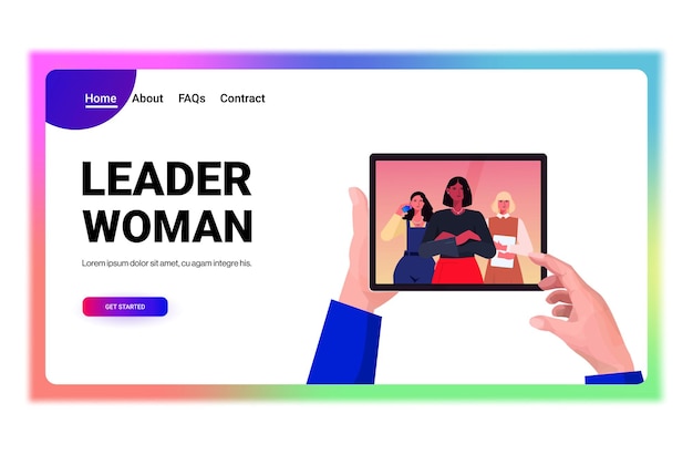 Manos de empresario usando tablet pc discutiendo con líderes de mujeres empresarias de raza mixta durante la videollamada concepto de comunicación virtual retrato horizontal copia espacio vector