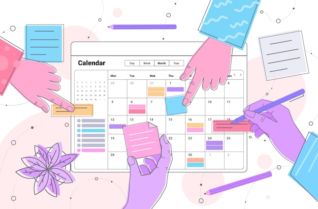 Manos de empresarios día de planificación programación de citas en el calendario en línea agenda de la aplicación plan de reuniones gestión del tiempo fecha límite