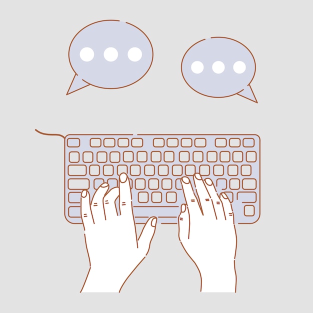 Manos escribiendo en la ilustración de dibujos animados de teclado. Manos haciendo negocios, chateando, comunicaciones web.