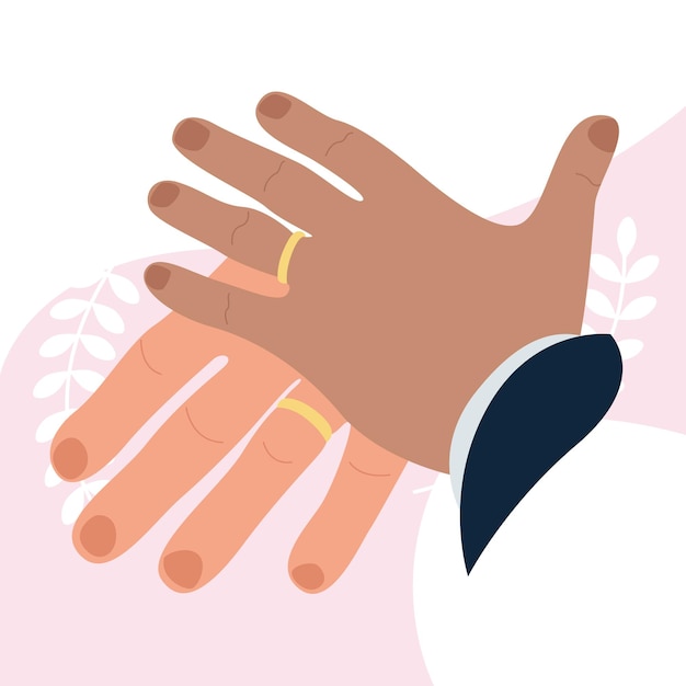 Vector manos de un esposo y una esposa que entrenaron y se pusieron anillos de boda