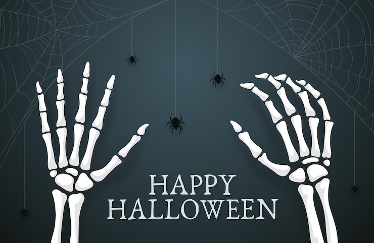 Vector las manos del esqueleto de halloween con arañas y telarañas
