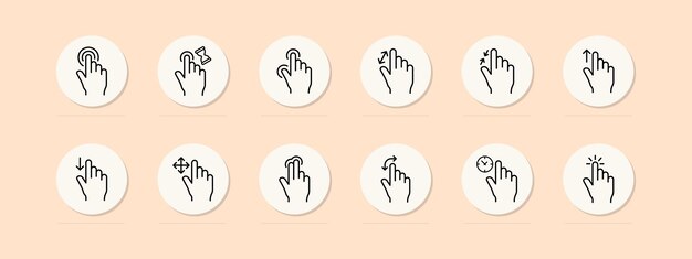 Las manos establecen el icono de línea Zoom out zoom en el sensor touchpad deslizar el control del temporizador Fondo de color pastel Icono de línea vectorial para negocios y publicidad