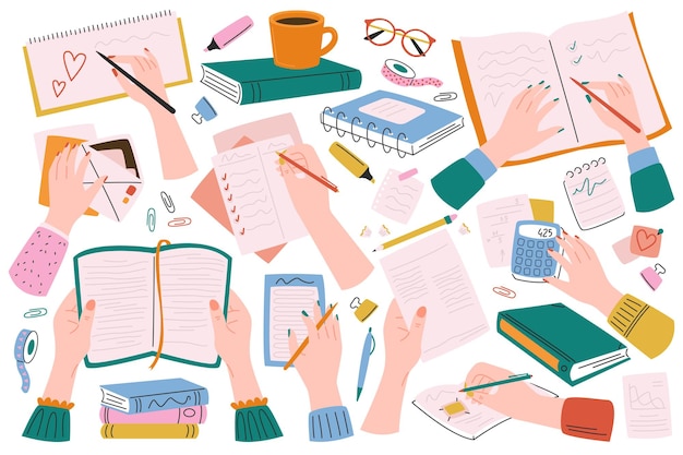 Las manos están pintadas iconos planos establecidos Herramientas de educación Libros calculadora carta cuaderno vasos y taza de café